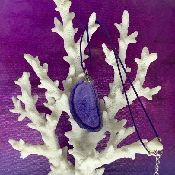 Purple Onyx Druzy Geode Agate Pendant Necklace on Waxed Cotton Cord Handmade - Picture 3 of 16